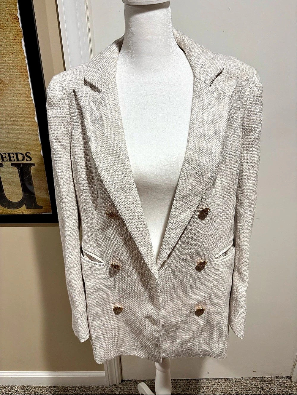 CICY BELL Work Well Blazer Textured Double-Breasted Blazer in cream NWT